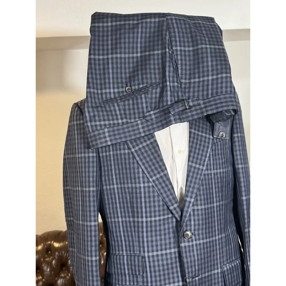 Tom Ford Blue Plaid Peak Lapel Suit Silk 48 38R US O'Connor 34x27 Trousers